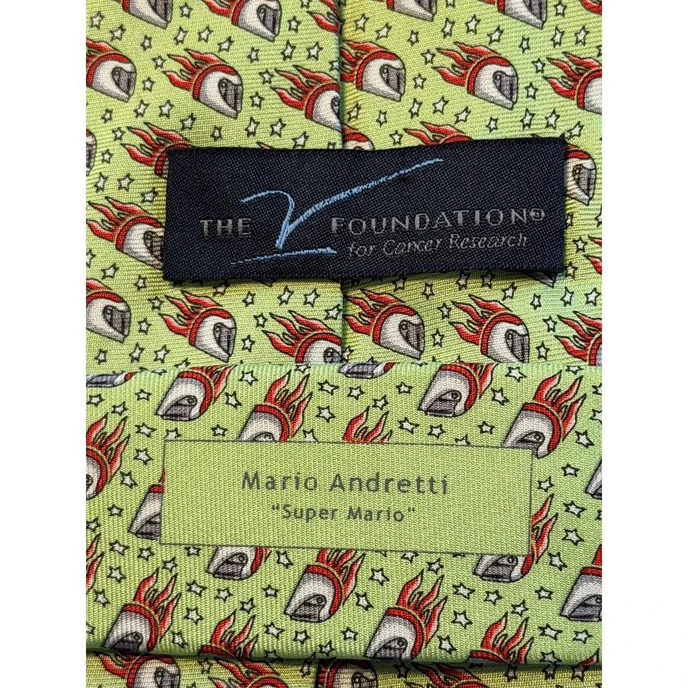 V Foundation Mario Andretti Super Mario Silk Tie Green Racing Helmet Novelty USA